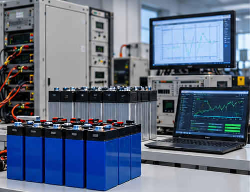 Battery research and testing laboratory with battery cells and instrumentation