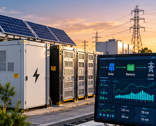 Microgrid research environment with solar panels, battery storage and energy monitoring